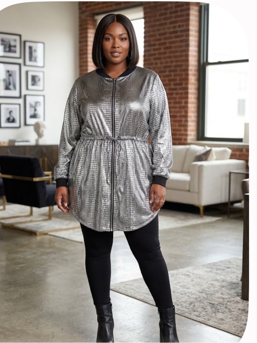 Metallic Silver Long-Sleeve Drawstring Jacket NWOT PLUS SIZE 4X
